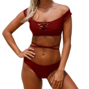 Burgundy Strappy Crisscross 2pcs Tankini Swimsuit